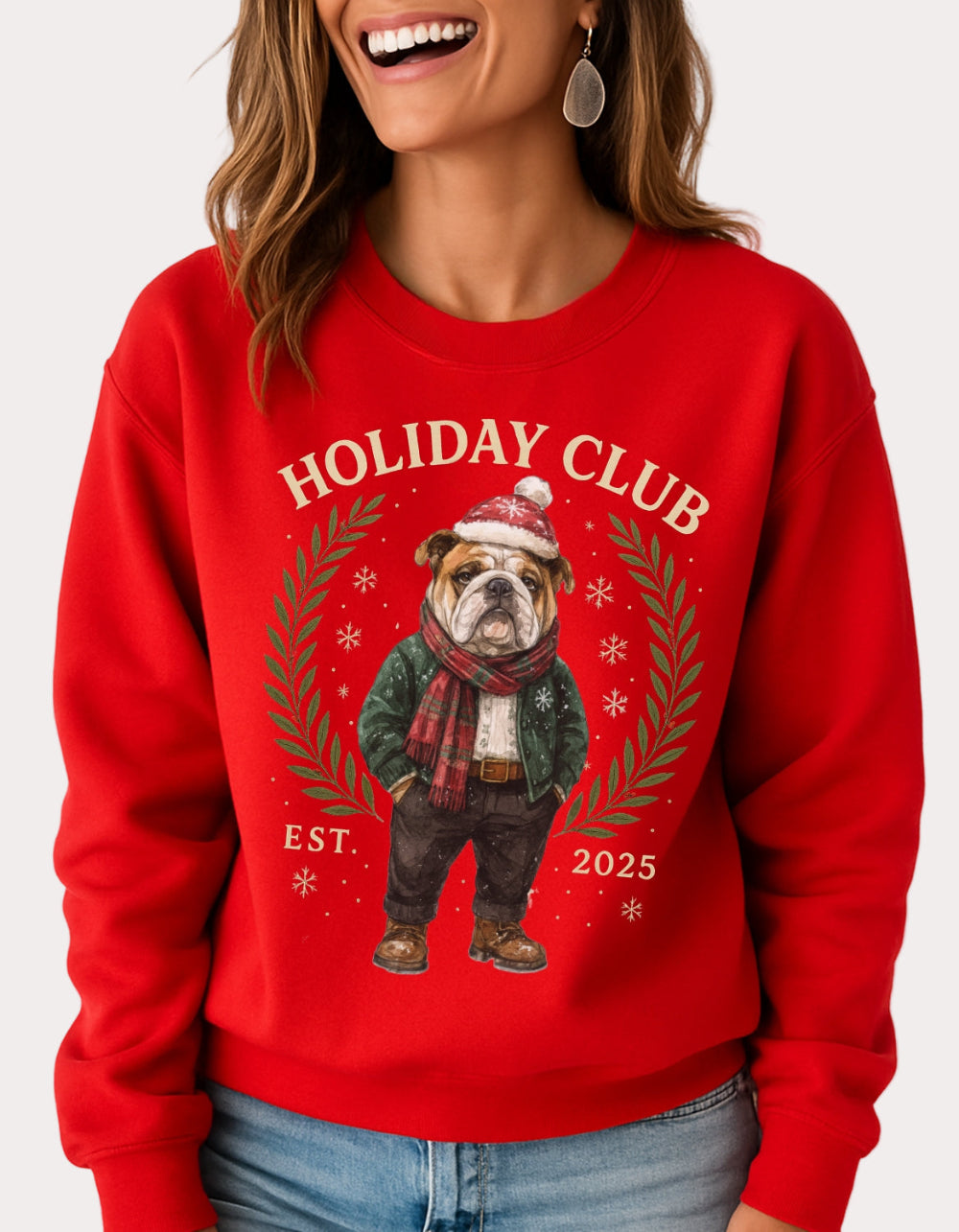 Person wearing a red sweatshirt with a Christmas-themed design featuring a bulldog and 'Holiday Club' text.