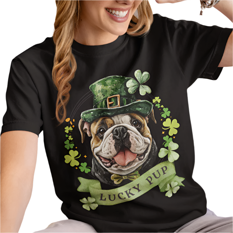 St. Patrick’s Day t-shirt featuring a English bulldog with a shamrock garland and festive Irish design
