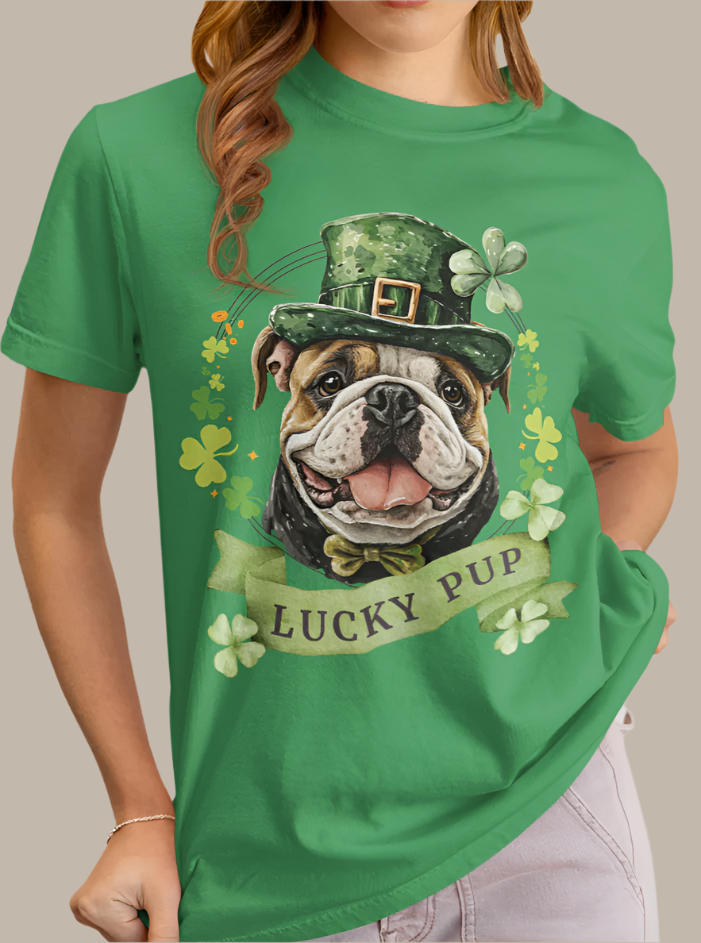 St. Patrick’s Day t-shirt featuring a English bulldog with a shamrock garland and festive Irish design