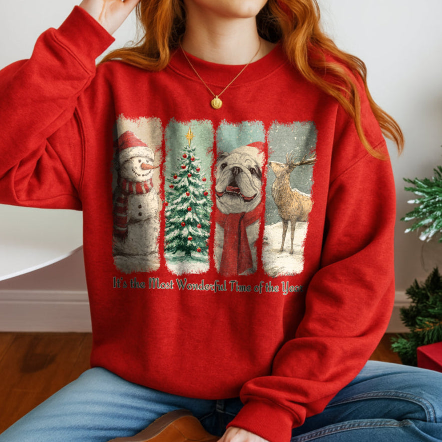 Person wearing a red Christmas-themed sweatshirt with festive graphics.