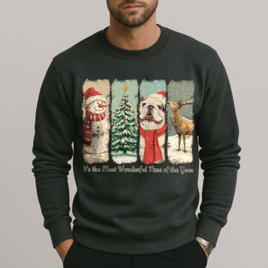 Man wearing a black sweater with Christmas-themed design on a gray background