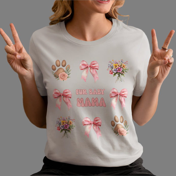 Fur Baby Mama T-Shirt – Soft Cotton Tee with Pink Bows – Gift for Pet Moms