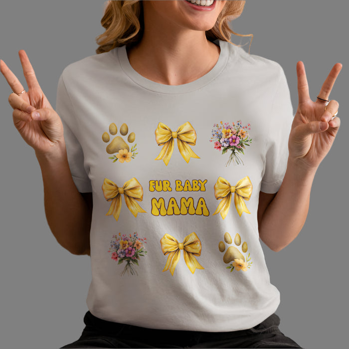 Fur Baby Mama T-Shirt – Soft Cotton Tee with Yellow Bows – Gift for Pet Moms