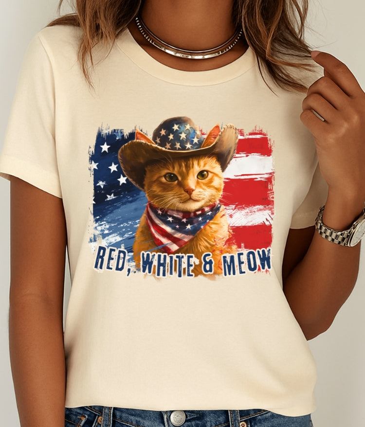 Ginger Cat Patriotic T-Shirt "Red, White & Meow" - Cat-Themed Patriotic Design