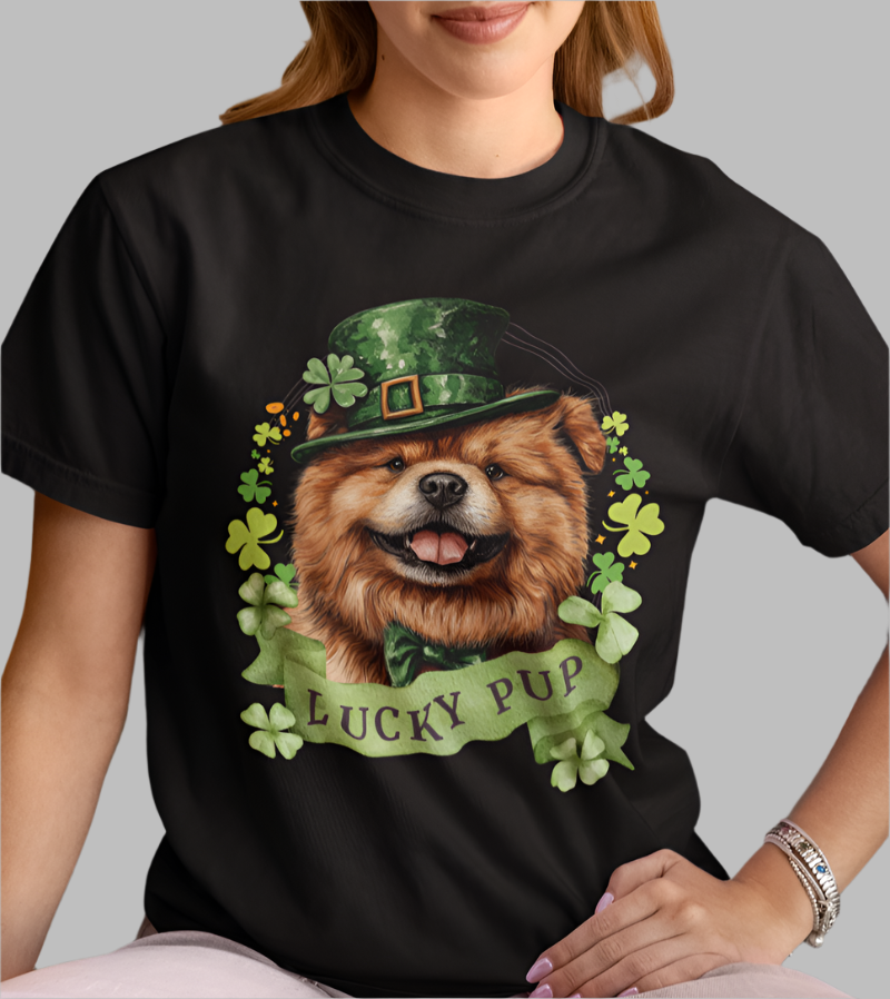 Woman in a St. Patrick’s Day black t-shirt gift for dog lovers featuring a Chow Chow dog with a shamrock garland and festive Irish design