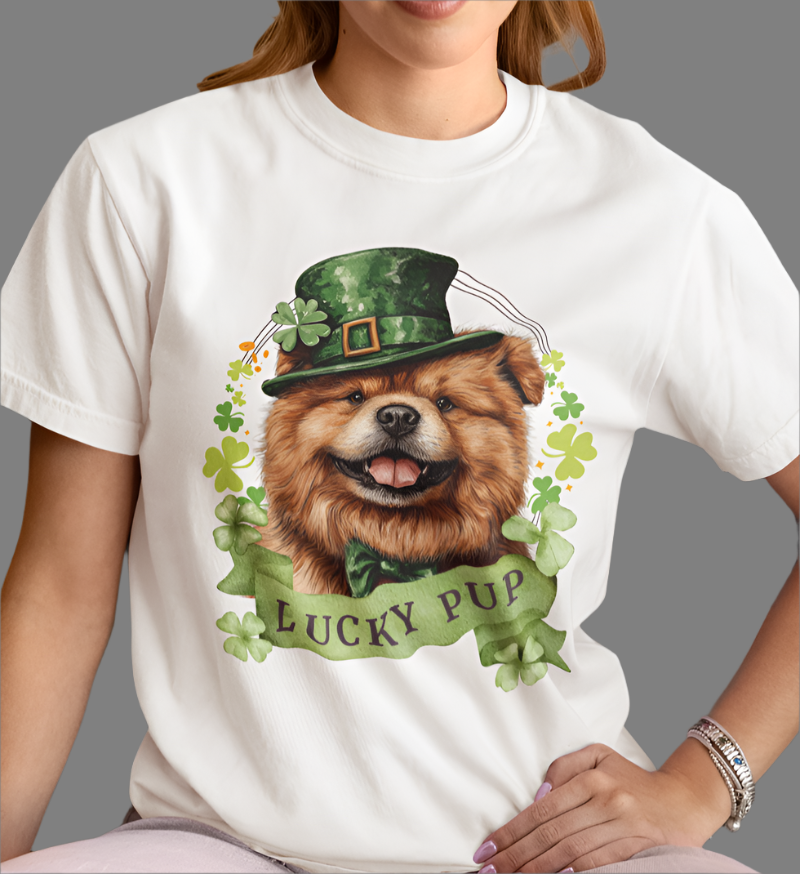 Woman in a St. Patrick’s Day white t-shirt gift for dog lovers featuring a Chow Chow dog with a shamrock garland and festive Irish design