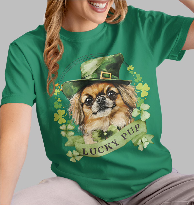 A young woman in a St. Patrick’s Day kelly green t-shirt gift for dog lovers featuring a Pekingese dog with a shamrock garland and festive Irish design