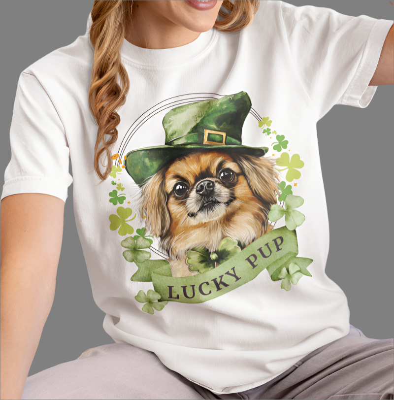 A girl in a St. Patrick’s Day white t-shirt gift for dog lovers featuring a Pekingese dog with a shamrock garland and festive Irish design