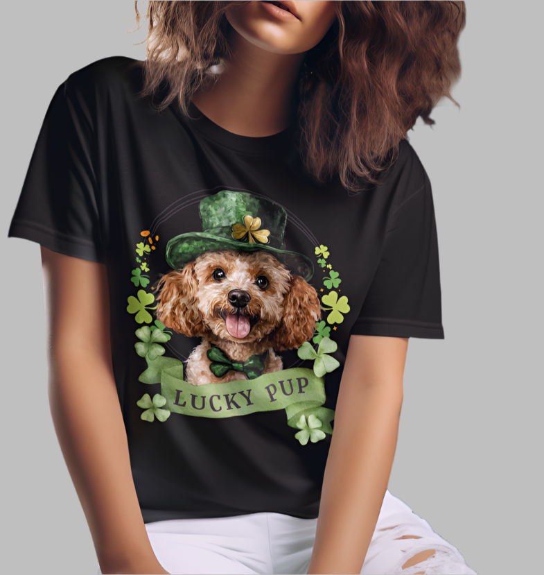 A woman in a St. Patrick’s Day black t-shirt gift for dog lovers featuring a toy poodle dog with a shamrock garland and festive Irish design