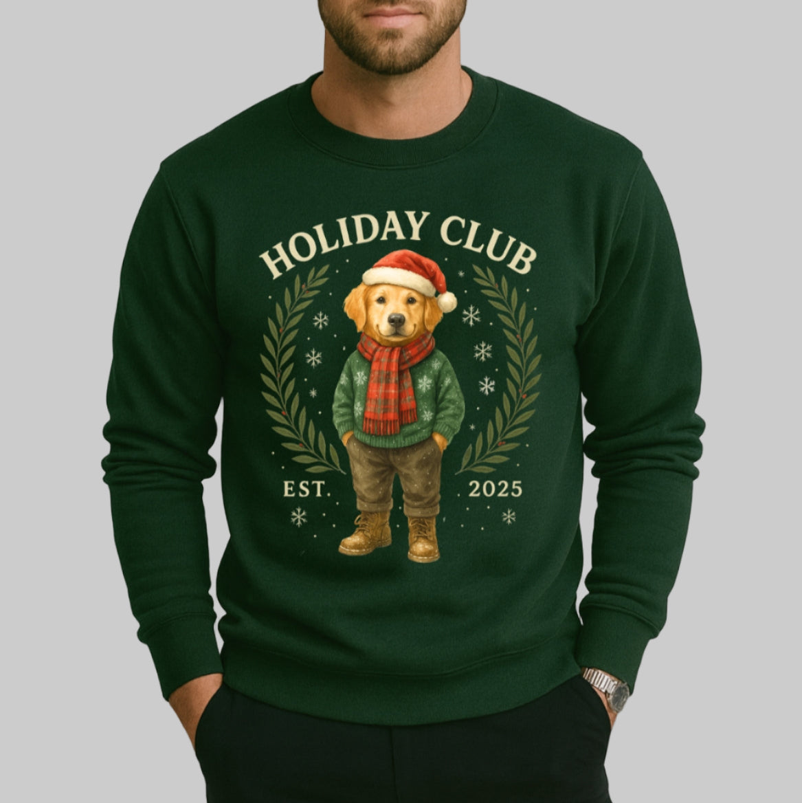 Man wearing a green 'Holiday Club' sweater with a bear graphic on a plain background