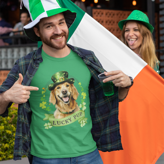 A man wearing kelly green St. Patrick’s Day t-shirt featuring a golden retriever dog with a shamrock garland and festive Irish designan