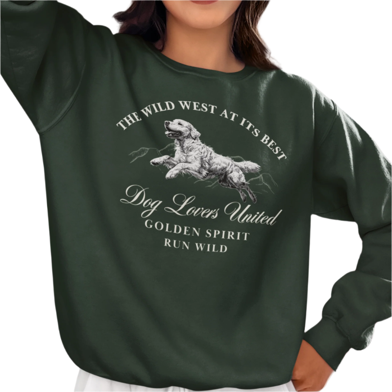 golden retriever wild west sweater forest green