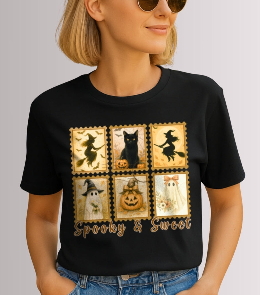 Woman wearing a black t-shirt with Halloween-themed design and text.