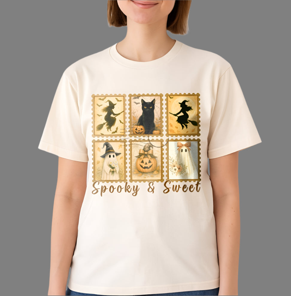 Person wearing a cream t-shirt with Halloween-themed design and text.