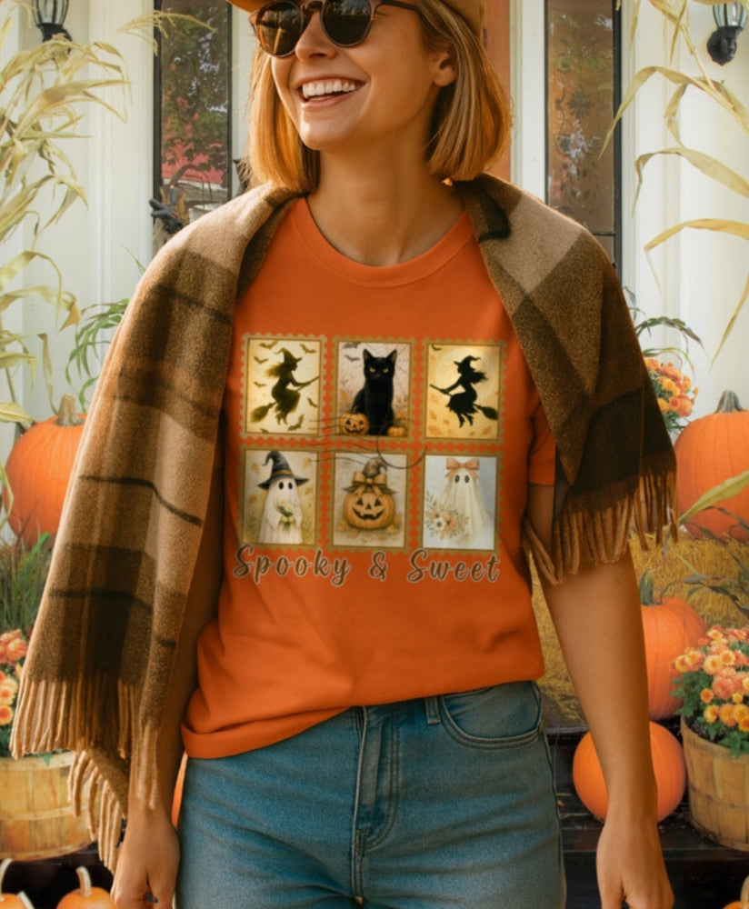 Person wearing an orange t-shirt with Halloween-themed design, standing in front of pumpkins and autumn decorations.