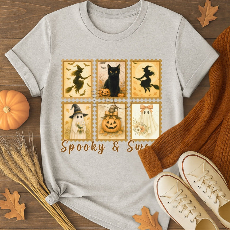 Gray t-shirt with Halloween-themed design on a wooden surface with pumpkins and leaves.