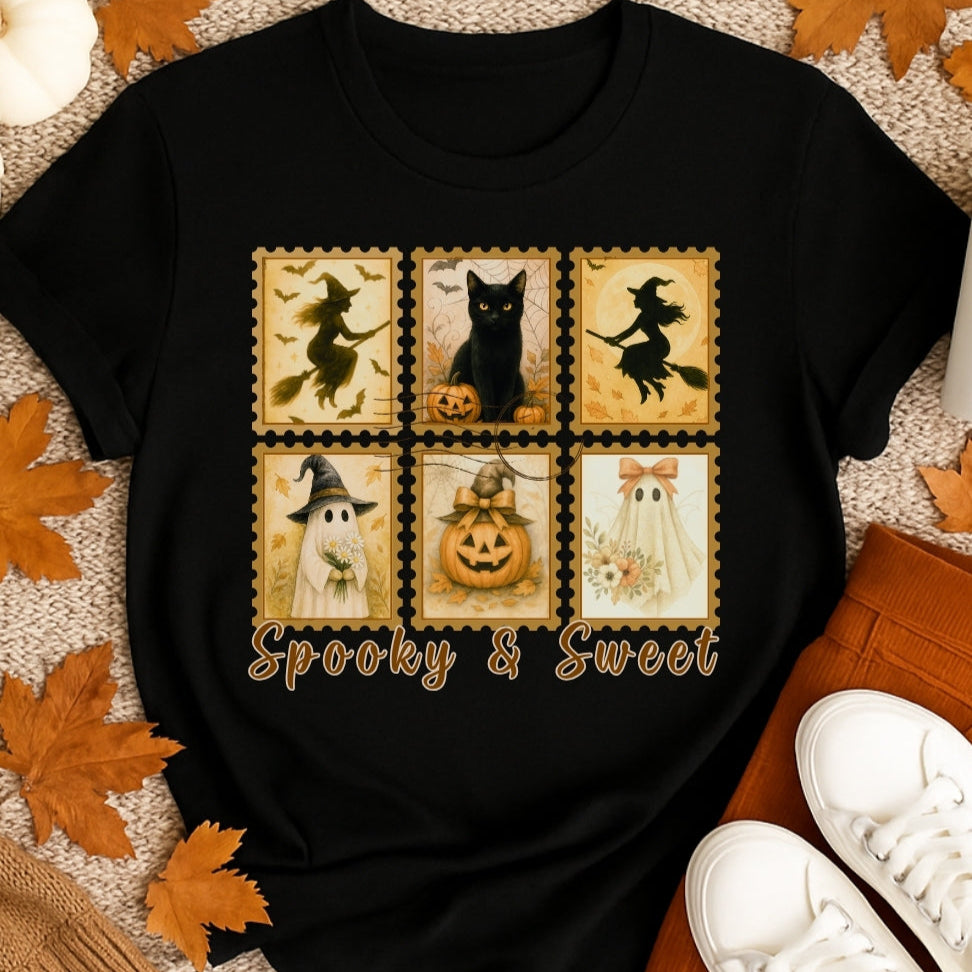 Black t-shirt with Halloween-themed design featuring ghosts, cats, and pumpkins on a textured surface with autumn leaves.