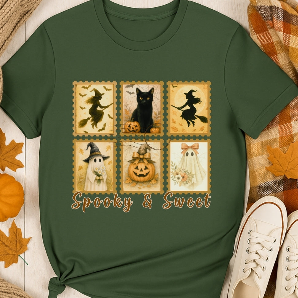 Military Green t-shirt with Halloween-themed design featuring a black cat, witch, ghost, and pumpkin on a wooden surface.
