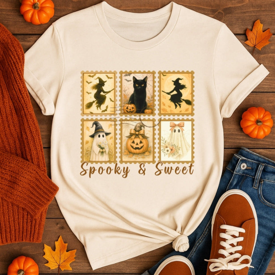 Natural t-shirt with Halloween-themed design on a wooden surface with pumpkins and leaves.