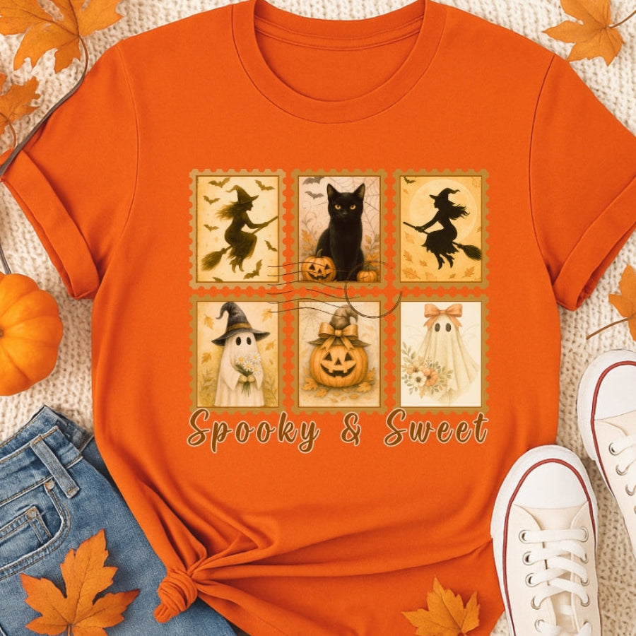 Orange t-shirt with Halloween-themed design and text 'Spooky & Sweet' on a textured surface with pumpkins and leaves.
