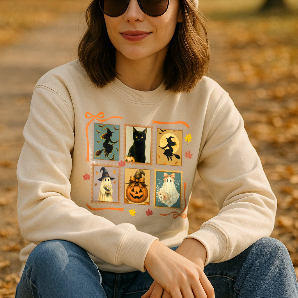 Woman wearing a cream sweatshirt with a graphic design, sitting in a park with autumn leaves.