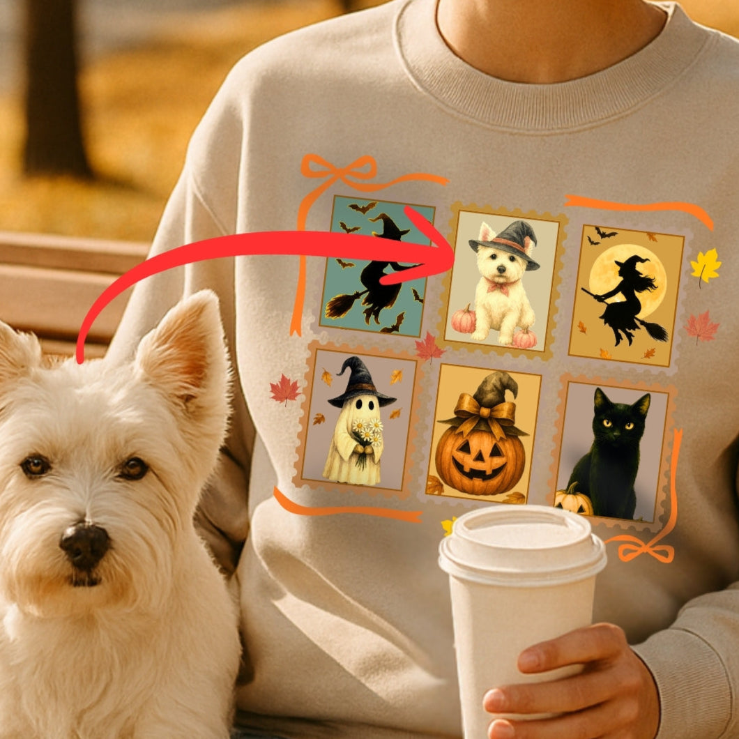 Person wearing a Halloween-themed sweatshirt with a dog sitting next to them.