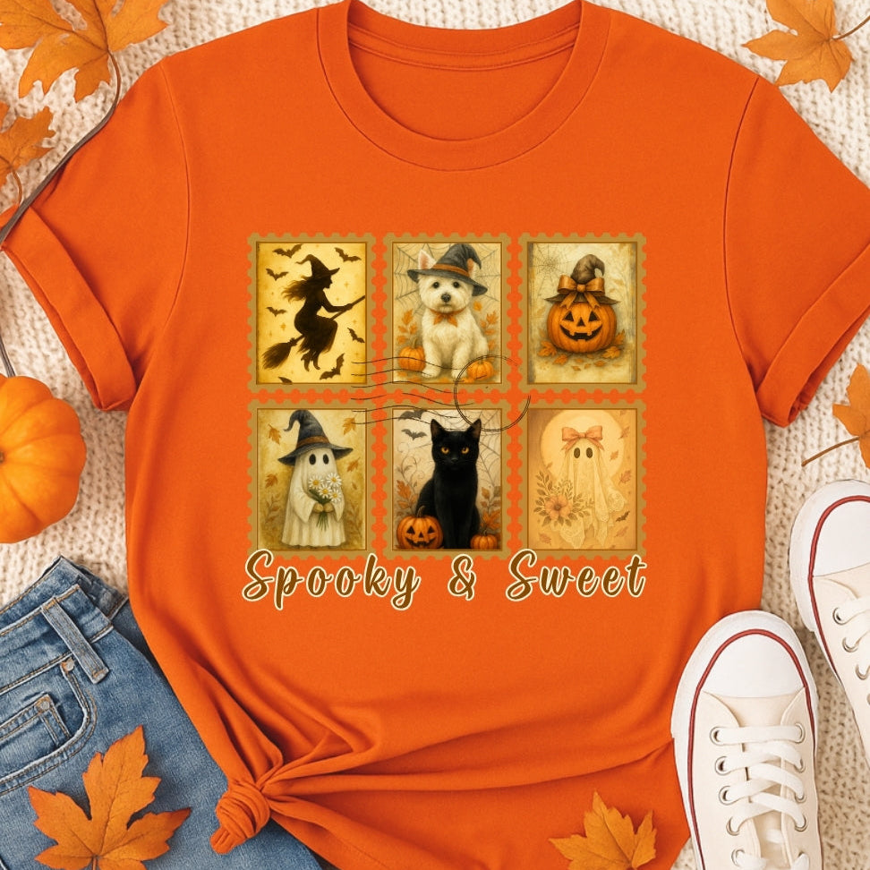 Orange t-shirt with Halloween-themed design and 'Spooky & Sweet' text, placed on a textured surface with pumpkins and leaves.