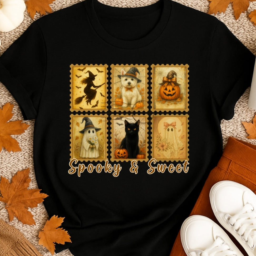Black t-shirt with Halloween-themed design featuring cats, pumpkins, and text 'Spooky & Sweet' on a textured surface with autumn leaves and a white shoe.