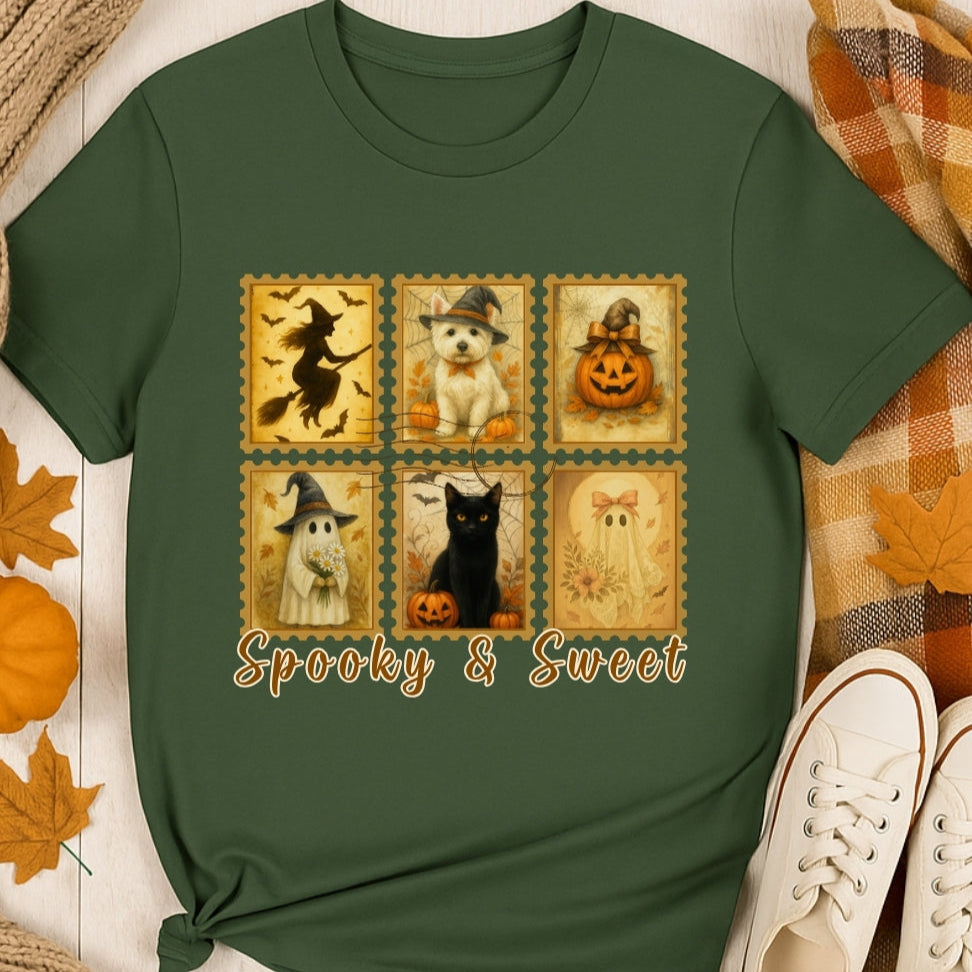 Military Green t-shirt with Halloween-themed design featuring cat, westie dog, ghosts and pumpkins on a wooden surface.