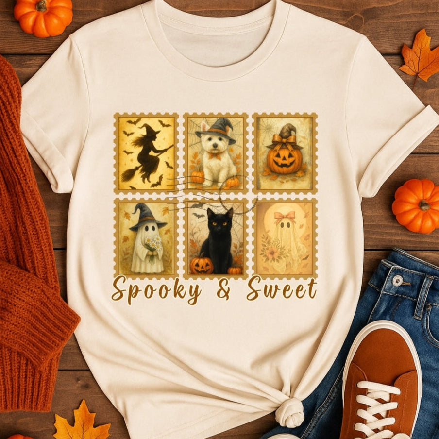 Beige t-shirt with Halloween-themed design featuring cats, pumpkins, and text 'Spooky & Sweet' on a wooden surface with fall decorations.