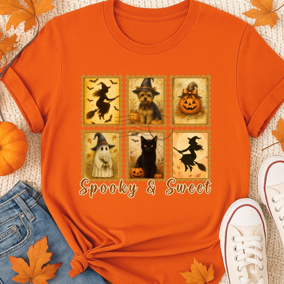 Orange t-shirt with Halloween-themed design and text 'Spooky & Sweet' on a textured surface with pumpkins and leaves.