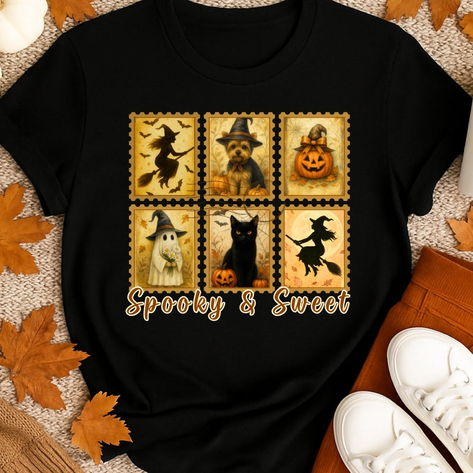Black t-shirt with Halloween-themed design featuring pumpkins, ghosts, and cats on a textured surface with autumn leaves.