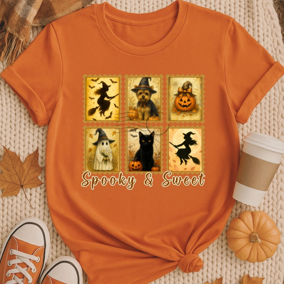 Burnt Orange t-shirt with Halloween-themed design on a textured surface with autumn leaves and a coffee cup.