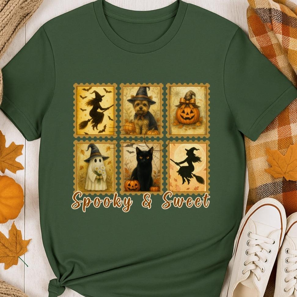 Military Green t-shirt with Halloween-themed design featuring cats, pumpkins, and witches on a wooden surface.