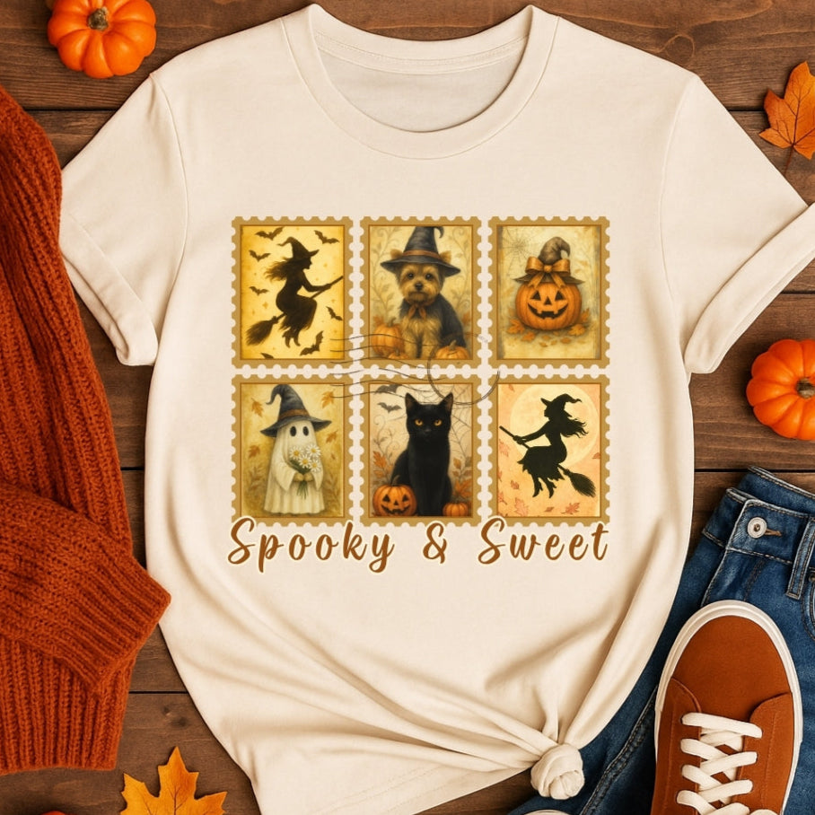 Beige t-shirt with Halloween-themed design on a wooden surface with pumpkins and leaves.