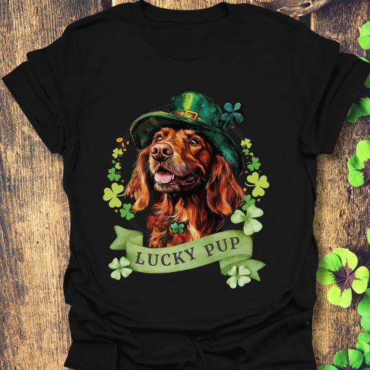 St. Patrick’s Day black t-shirt featuring an Irish Setter dog with a shamrock garland and festive Irish design