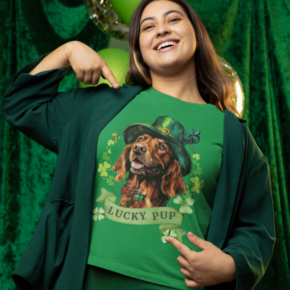 Woman wearing an irish green St. Patrick’s Day t-shirt featuring a yellow labrador retriever dog with a shamrock garland and festive Irish designdesign