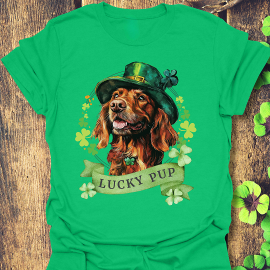 St. Patrick’s Day irish green t-shirt featuring an Irish Setter dog with a shamrock garland and festive Irish design