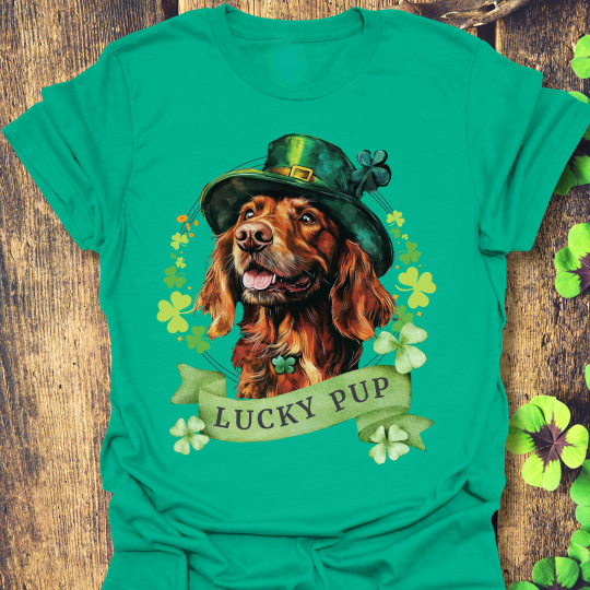 St. Patrick’s Day kelly green t-shirt featuring an Irish Setter dog with a shamrock garland and festive Irish design