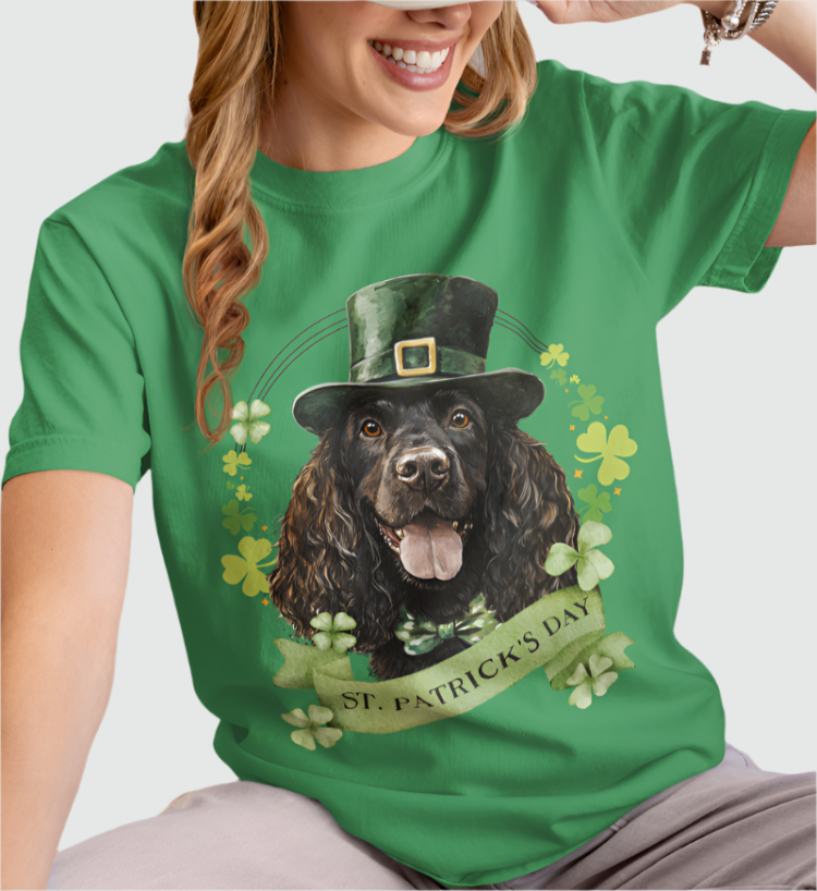 A woman in a green St. Patrick’s Day t-shirt featuring a Irish Water Spaniel dog with a shamrock garland and festive Irish design