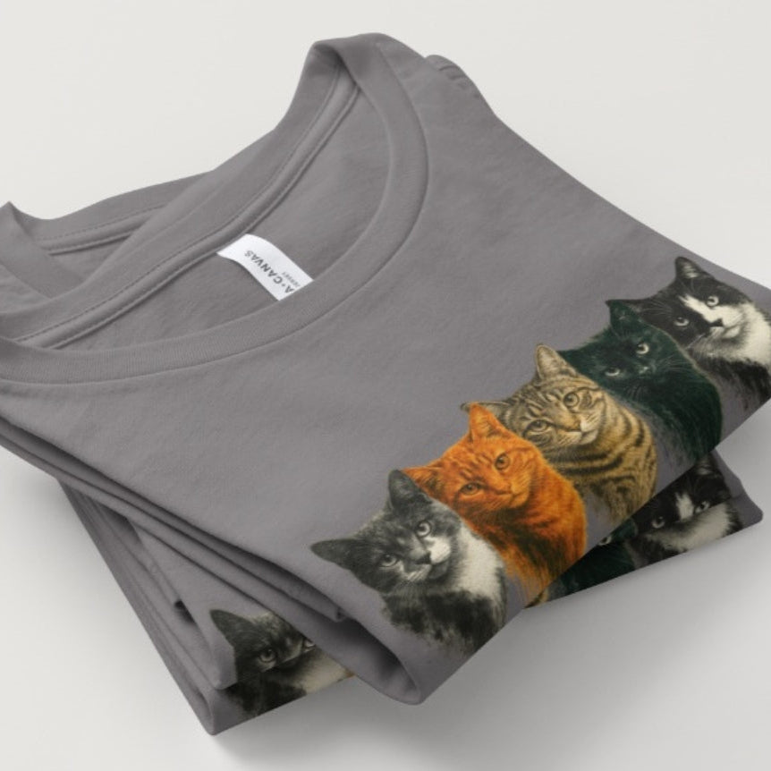 Gray t-shirt with cat design on a white background