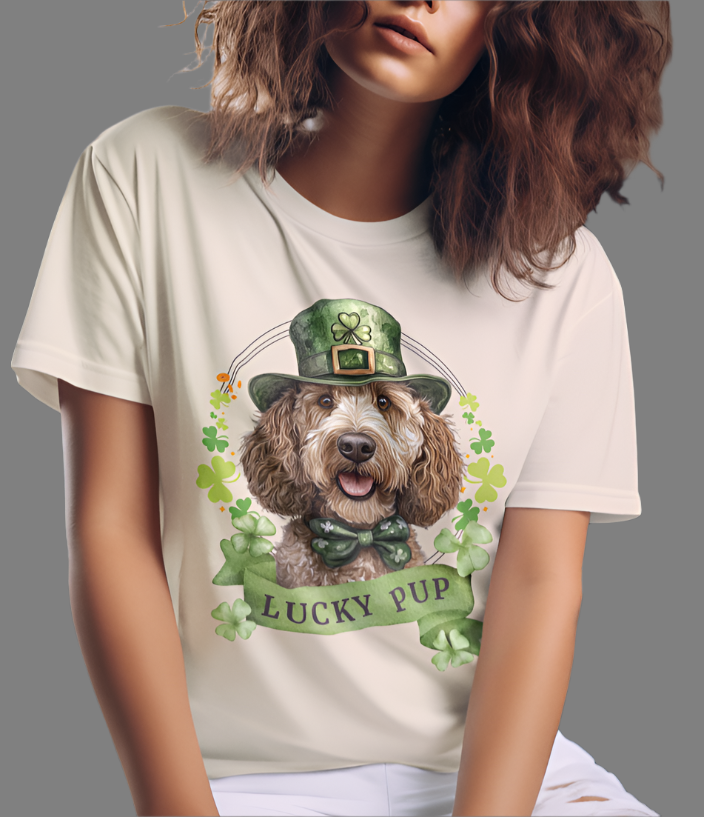 St. Patrick’s Day t-shirt featuring a labradoodle dog with a shamrock garland and festive Irish design