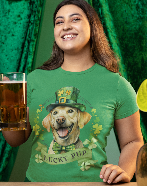 a woman wearing St. Patrick’s Day t-shirt featuring a yellow labrador retriever with a shamrock garland and festive Irish design