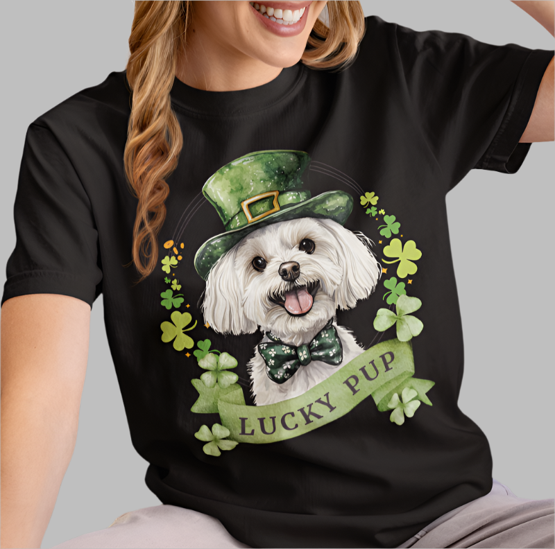 A Woman wearing a St. Patrick’s Day maltese dog black t-shirt with a lucky shamrock print, great for dog lovers