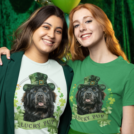 two girls wearing St. Patrick’s Day newfoundland dog t-shirt with a lucky shamrock print, great for dog lovers