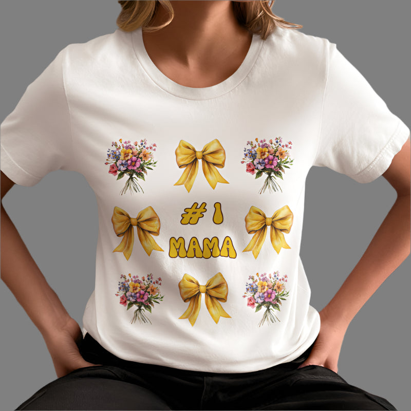 #1 Mama T-Shirt – Mother's Day Gift with Yellow Bows and Florals – Soft Cotton Tee