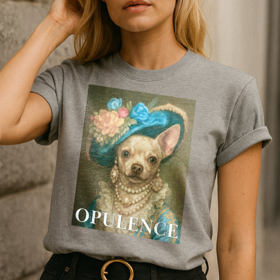 Person wearing a gray t-shirt with a dog illustration and 'Opulence' text.