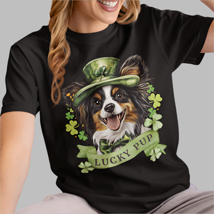 St. Patrick’s Day t-shirt featuring a Papillon dog with a shamrock garland and festive Irish design