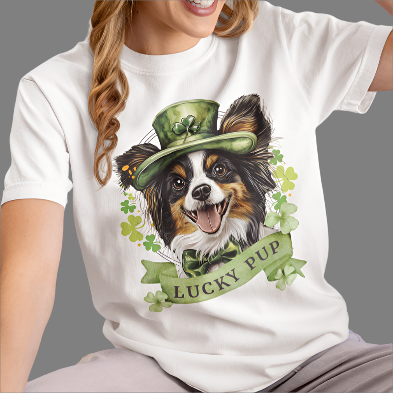 St. Patrick’s Day t-shirt featuring a Papillon dog with a shamrock garland and festive Irish design white color