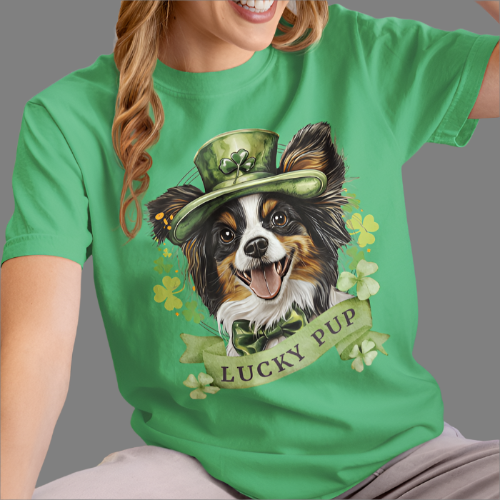 St. Patrick’s Day t-shirt featuring a Papillon dog with a shamrock garland and festive Irish design